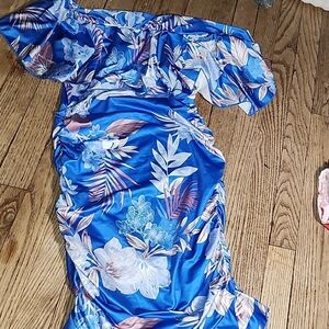 Chic One Shoulder Blue Floral Dress